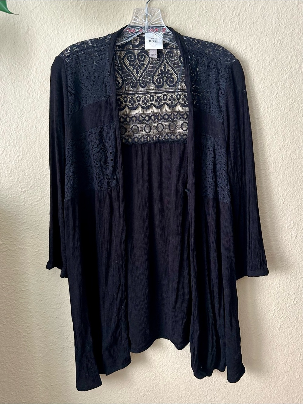Knox Rose Black Lace-Panel Open Front Tunic Cardigan